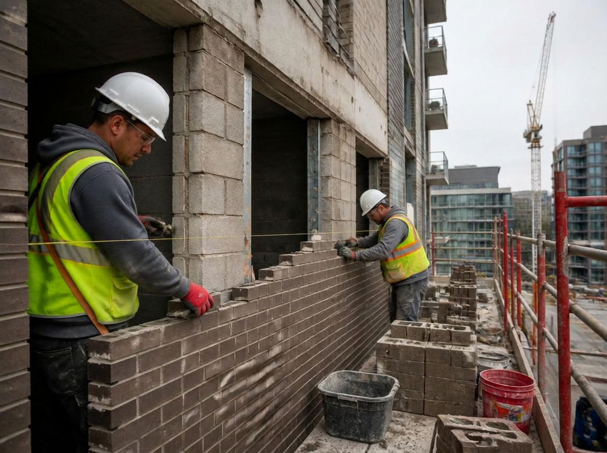 Masons rebuilding a brick and block wall on a large-scale development